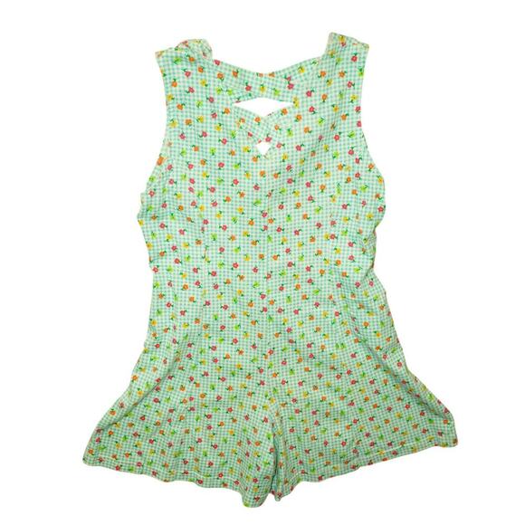 Vintage Rachel’s Kids Girls Floral Gingham Romper  S 7/8 Green Criss Cross Back - Picture 3 of 5